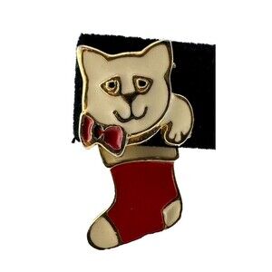 Vintage AIM 1980s Dangle Enamel Cat Kittens Christmas Red Stocking Earrings